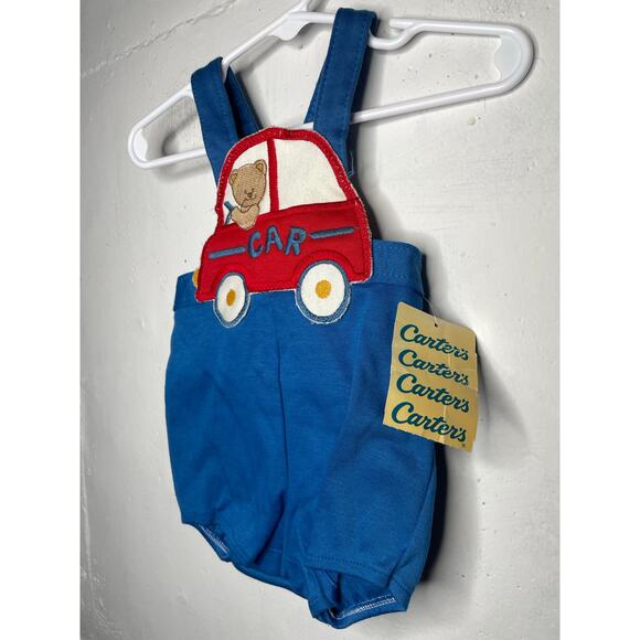 NEW Vintage Carters Teddy Bear in Car Blue Overalls Shortalls Romper Size 18 Mo - Picture 2 of 7